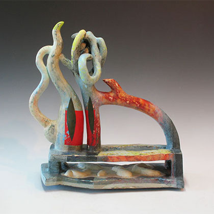 ceramic, glazed, and painted sculpture of an abstract piece