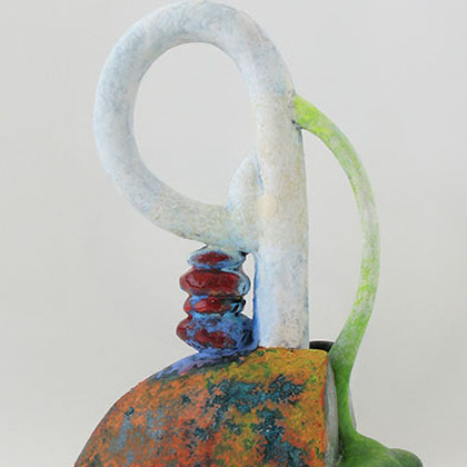 ceramic, glazed, and painted sculpture of an abstract piece