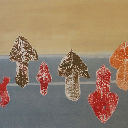 monoprint drawing of torn autumn leaves