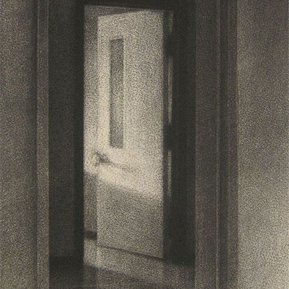 black and white mezzotint of a mirror showing a door cracked open