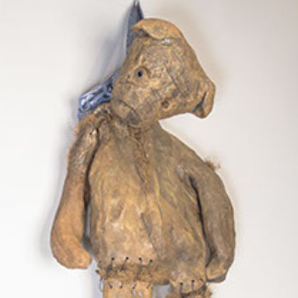 high-fired ceramic, oxide wash, wire and straw teddy bear hanging