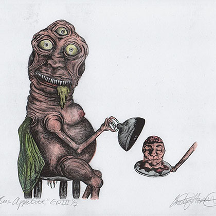 painting of a three-eyed creature sitting down and opening up a meal of a head, ready to eat