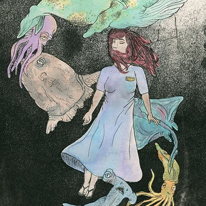 zinc etching, aquatint and watercolor of a girl in a dress sinking into the deep dark sea with sea creatures surrounding her