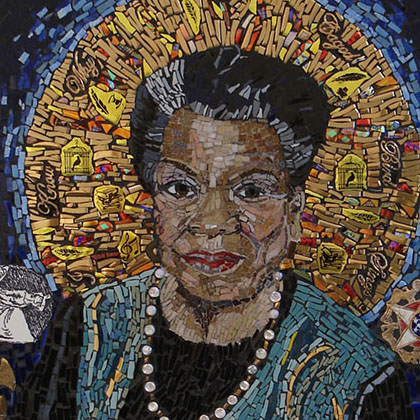 Maya Angelou, 2014, from the Mothers to Humanity series, mosaic, hand-made tile, hand-etched tile, glass and ceramic tile, 32.25 x 24.5”. Courtesy of the artist