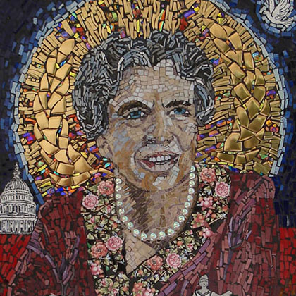 Eleanor Roosevelt, 2014, from the Mothers to Humanity series, mosaic, hand-made tile, hand-etched tile, glass and ceramic tile 31.75 x 26.25”. Courtesy of the artist