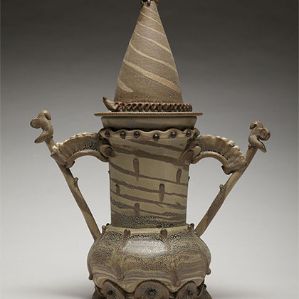 wheel-thrown mixed clays, stoneware, cone 6 and glaze sculpture of a bird urn