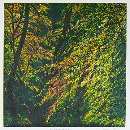 linocut reduction artwork of Red Leaves Among Green