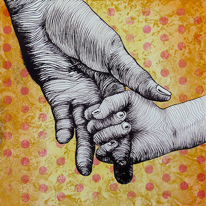 lithograph illustration of a kid's hand gripping the fingers of an adult's hand for reassurance with a yellow and pink polka-dot background