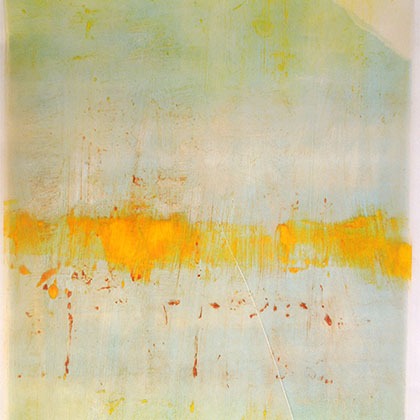 collagraph on Mylar of a yellow abstract painting with orange-yellow paint splatters in the center