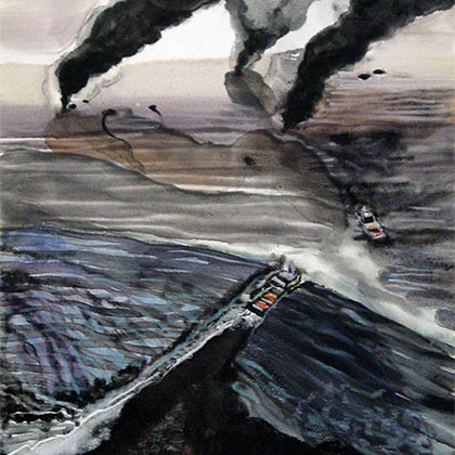 monotype and watercolor of a wildfire during the Gulf Oil Spill