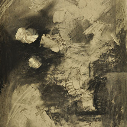 lithograph, charcoal artwork of faint images of objects being swept up and flying around in the gusty wind