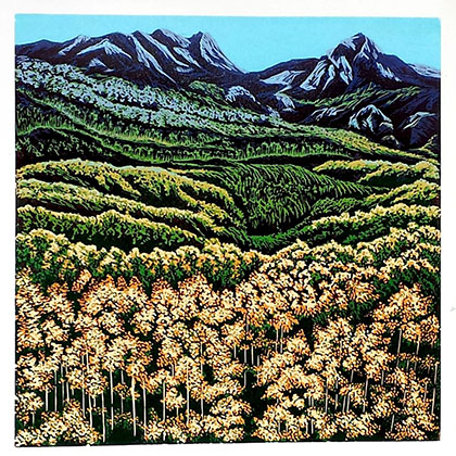 linocut reduction artwork of a vibrant and scenic mountain view in the background and autumn trees in the foreground