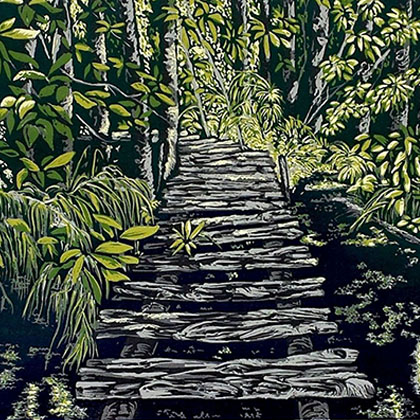 linocut reduction artwork of a vibrant and scenic walk down a center pathway through a forest of bamboo trees