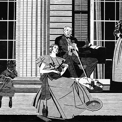 woodblock print on paper black and white line illustration of a couple sitting in the front porch with a servant next to them; everyone is in 1930s attire