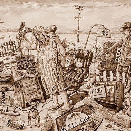 F.W. ink on wood panel illustration of a middle-aged couple (the lady with medium length hair wearing a night gown and slippers and the man in a plaid button up wearing a baseball cap) standing in a field of  "junks" such as old TV set, doormat, pink flamingo lawn statue, etc. that embodies the "ideal" life of living in a suburb