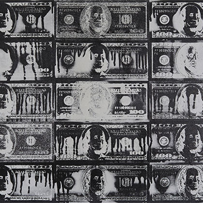 black silkscreen ink and aerosol paint on paper of a five-by-five row of black one hundred dollar bills bleeding black ink