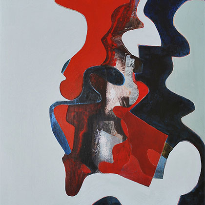 organic shapes of red and black acrylic swirls merging with each other in the center reflecting the form of liquid