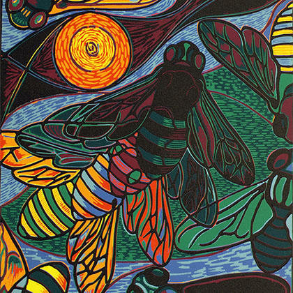 multiple vibrant colored-fruit flies swarming around the pond; the artwork is a reduction woodcut print that is heavily texture with dashed lines; the artworks looks similar to a stained glass window