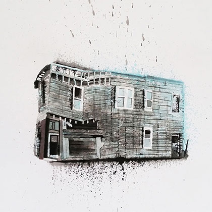 Sumi ink, India ink, tushe on rag paper illustration of a building about to crumble