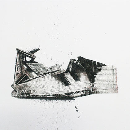 Sumi ink, India ink, tushe on rag paper illustration of a broken home that has f