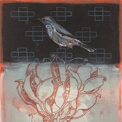 artwork with red hues of a bird perched on top of a California native plant