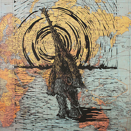 illustration of a strawman standing in the middle of an ocean during sunset with the background as an actual map and compass