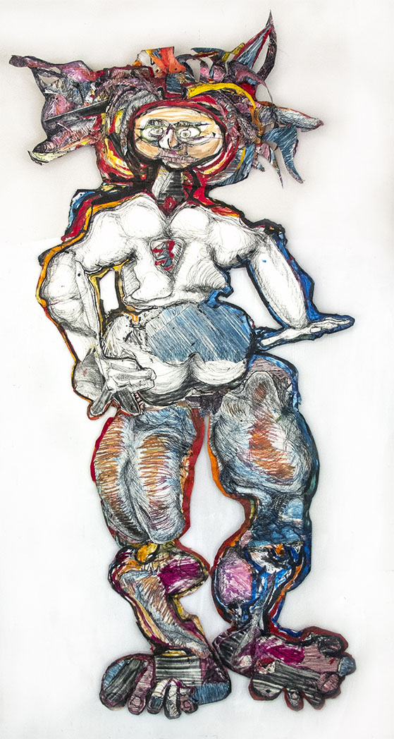 etchings, ink, acrylic, glue and paper drawing of a creature with nine feet