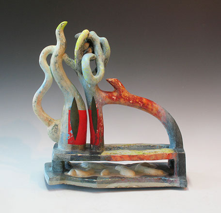 ceramic, glazed, and painted sculpture of an abstract piece