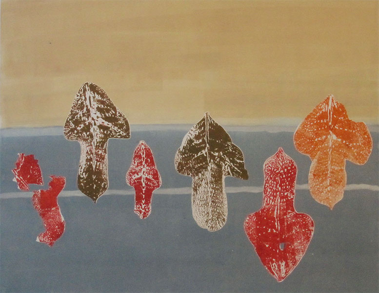 monoprint drawing of torn autumn leaves