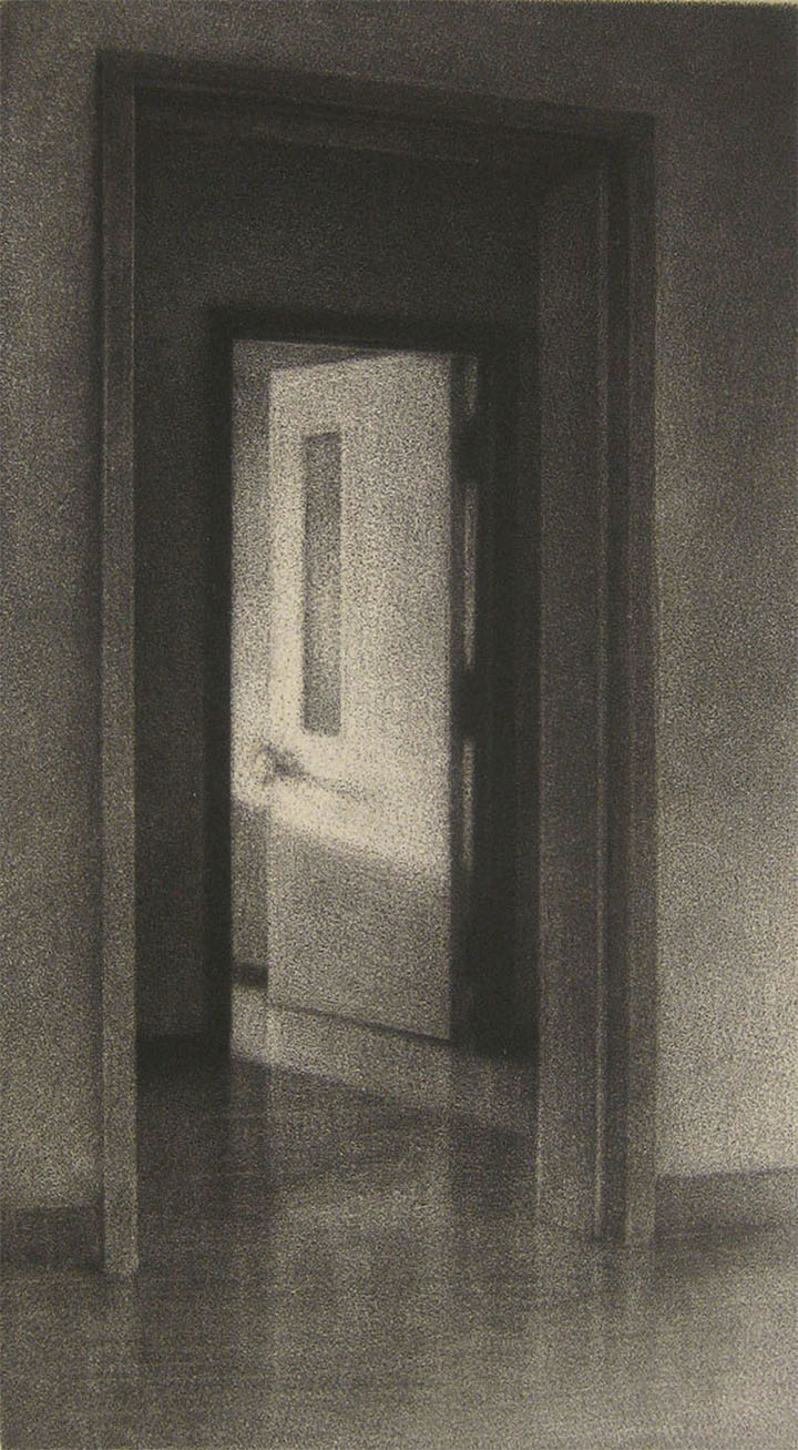 black and white mezzotint of a mirror showing a door cracked open