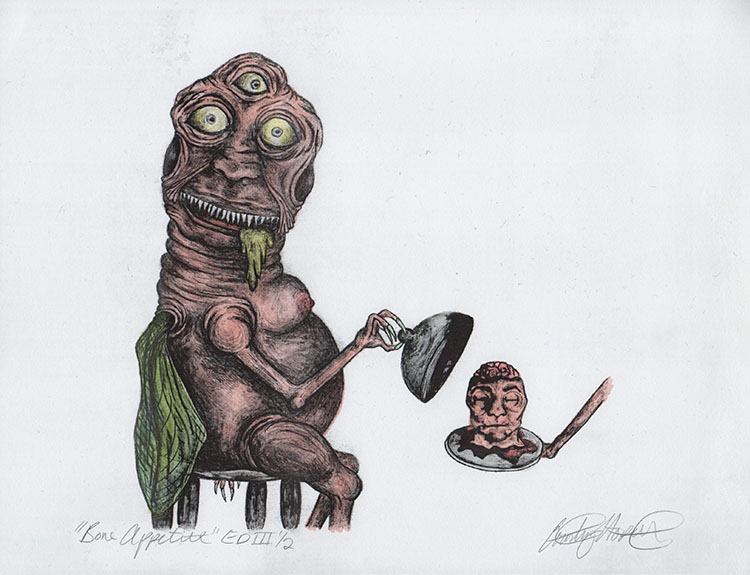painting of a three-eyed creature sitting down and opening up a meal of a head, ready to eat