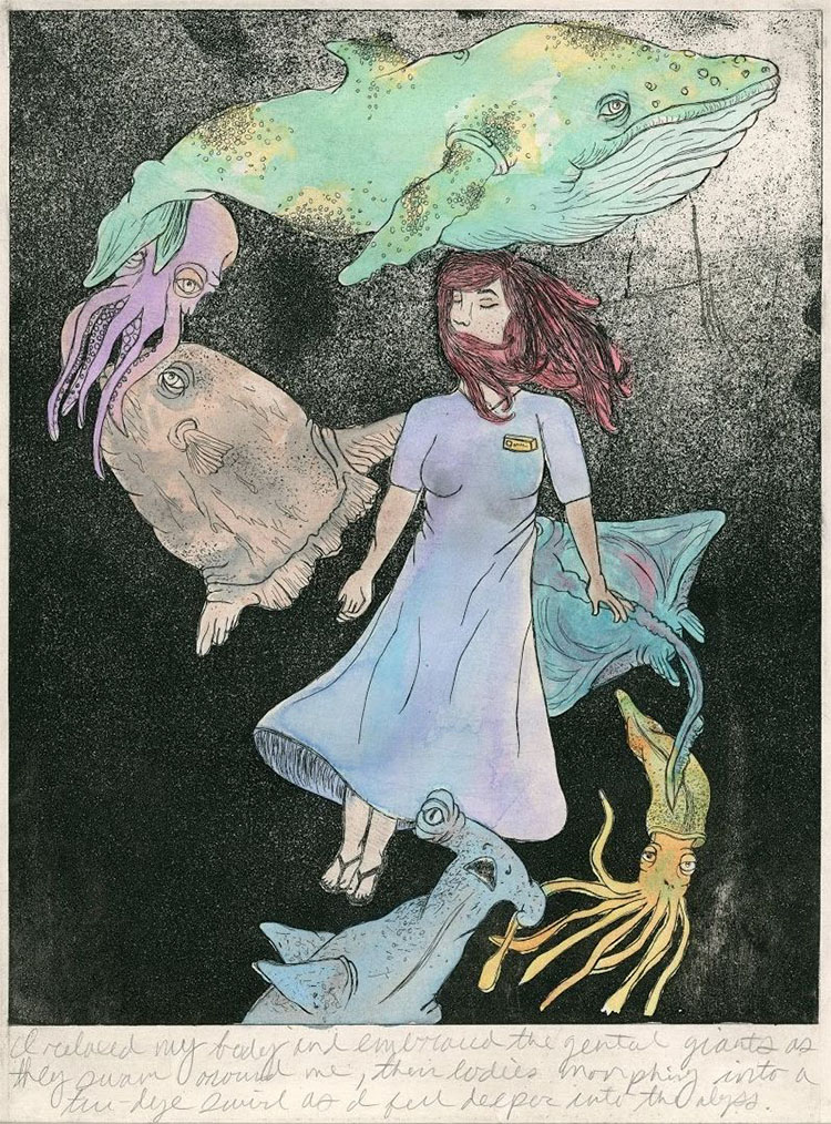 zinc etching, aquatint and watercolor of a girl in a dress sinking into the deep dark sea with sea creatures surrounding her