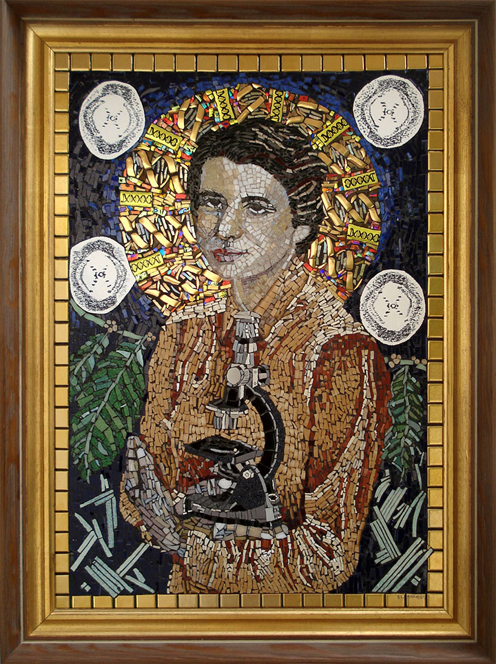 Rosalind Franklin, 2014, from the Mothers to Humanity seriesmosaic, hand-made tile, glass tile, ceramic tile, hand-etched tile