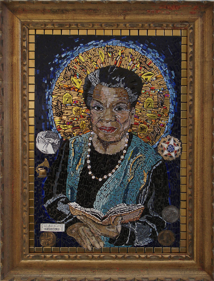 Maya Angelou, 2014, from the Mothers to Humanity series, mosaic, hand-made tile, hand-etched tile, glass and ceramic tile, 32.25 x 24.5". Courtesy of the artist