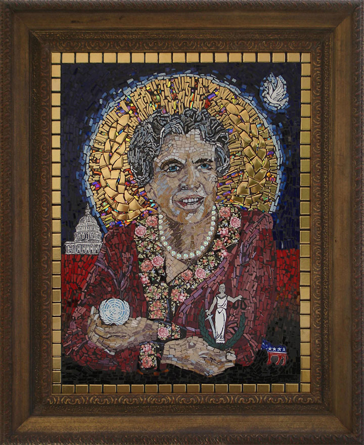 Eleanor Roosevelt, 2014, from the Mothers to Humanity series, mosaic, hand-made tile, hand-etched tile, glass and ceramic tile 31.75 x 26.25”. Courtesy of the artist