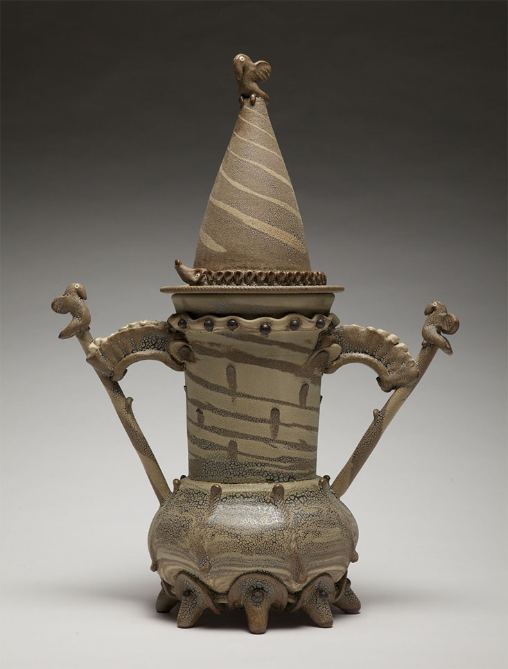 wheel-thrown mixed clays, stoneware, cone 6 and glaze sculpture of a bird urn