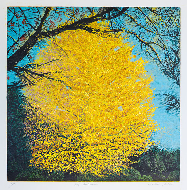 linocut-reduction of a yellow autumn tree