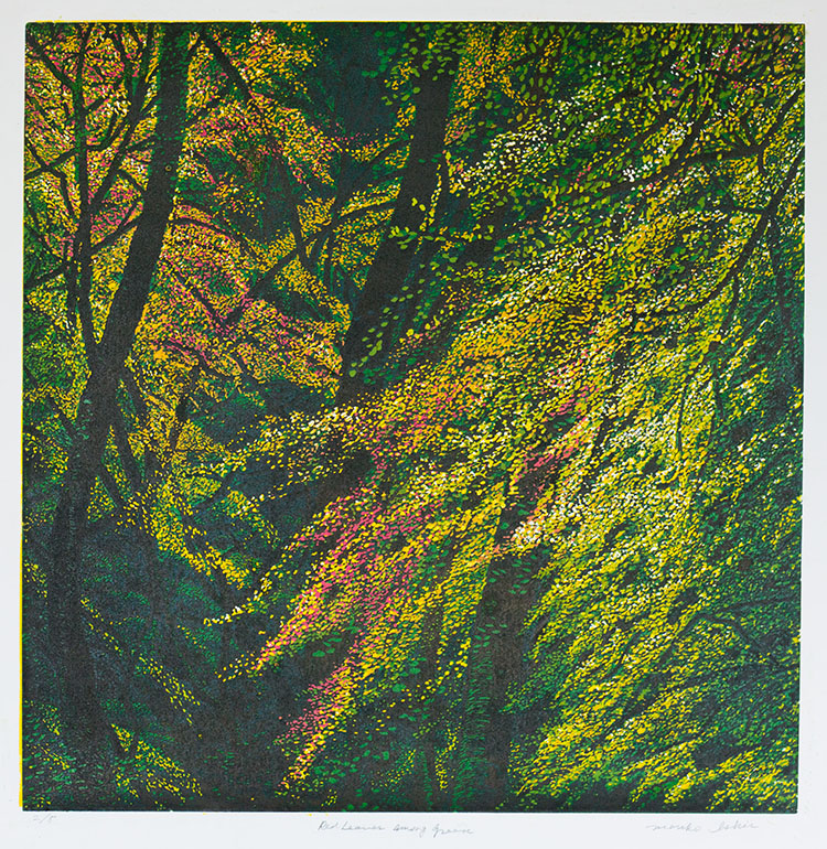 linocut reduction artwork of Red Leaves Among Green