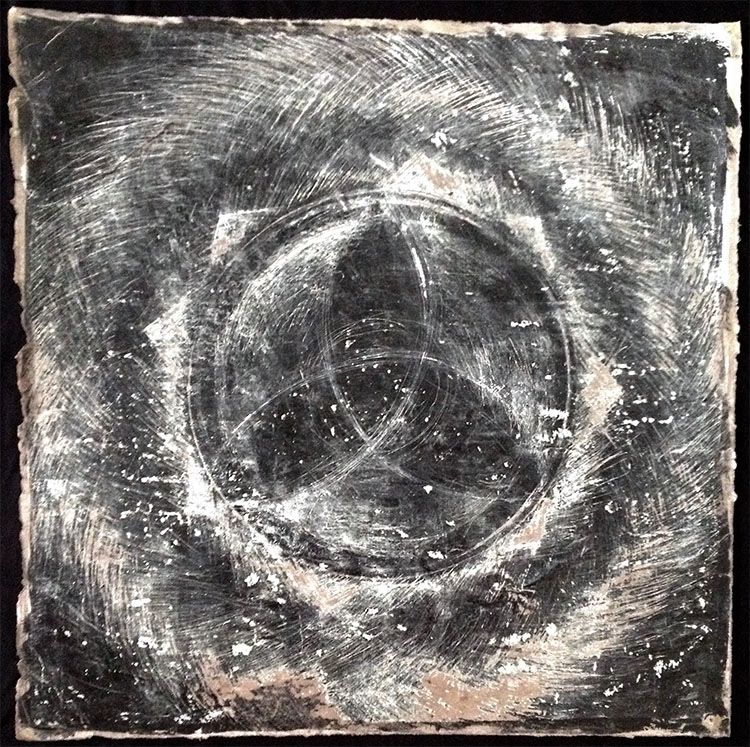 Black Magic ink, India Ink, gesso and bee’s wax on paper drawing of star in the dark sky