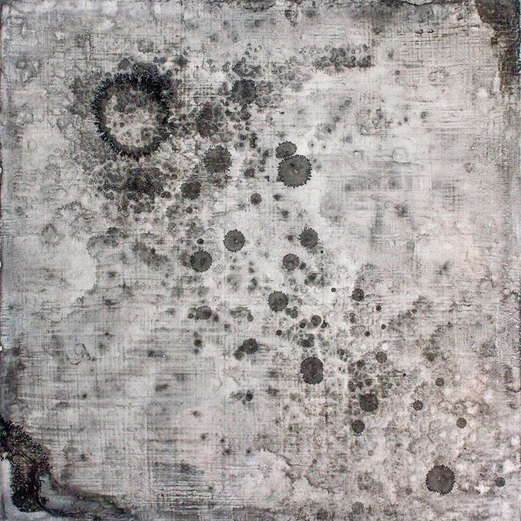 ink and acrylic on canvas of a diaspora of ink droplets spreading