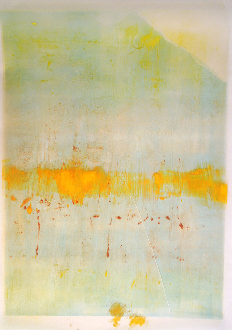collagraph on Mylar of a yellow abstract painting with orange-yellow paint splatters in the center