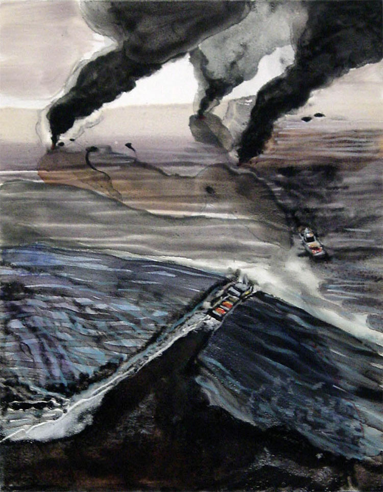 monotype and watercolor of a wildfire during the Gulf Oil Spill