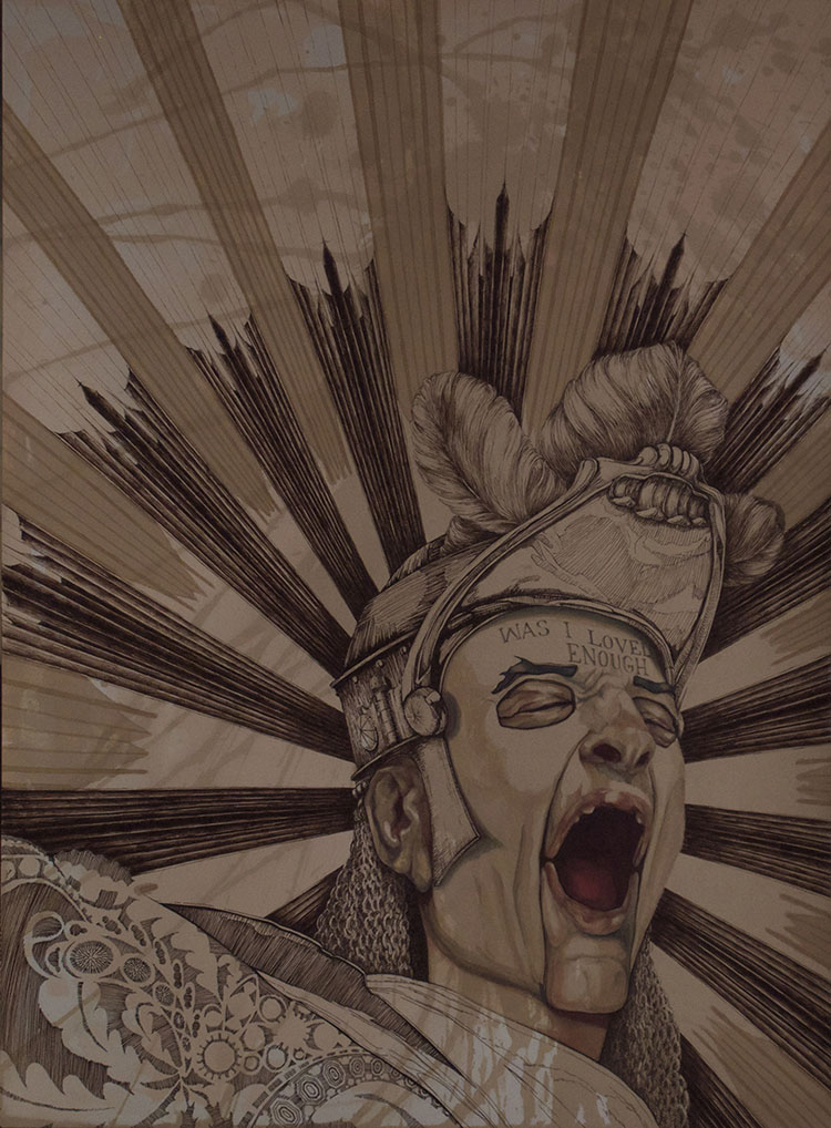 ink and watercolor on paper drawing of a person screaming at war