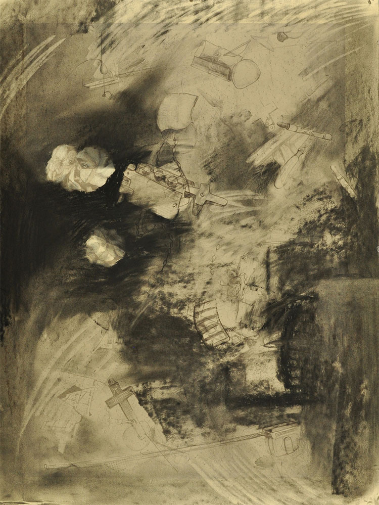 lithograph, charcoal artwork of faint images of objects being swept up and flying around in the gusty wind