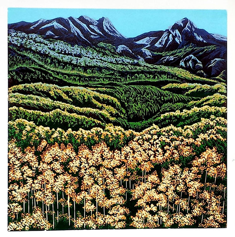 linocut reduction artwork of a vibrant and scenic mountain view in the background and autumn trees in the foreground