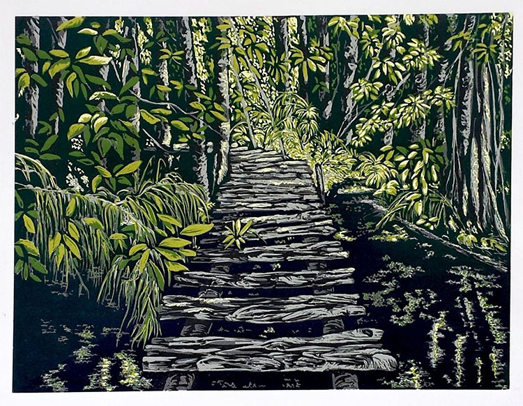 linocut reduction artwork of a vibrant and scenic walk down a center pathway through a forest of bamboo trees