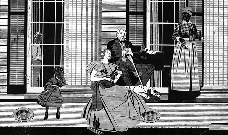 woodblock print on paper black and white line illustration of a couple sitting in the front porch with a servant next to them; everyone is in 1930s attire