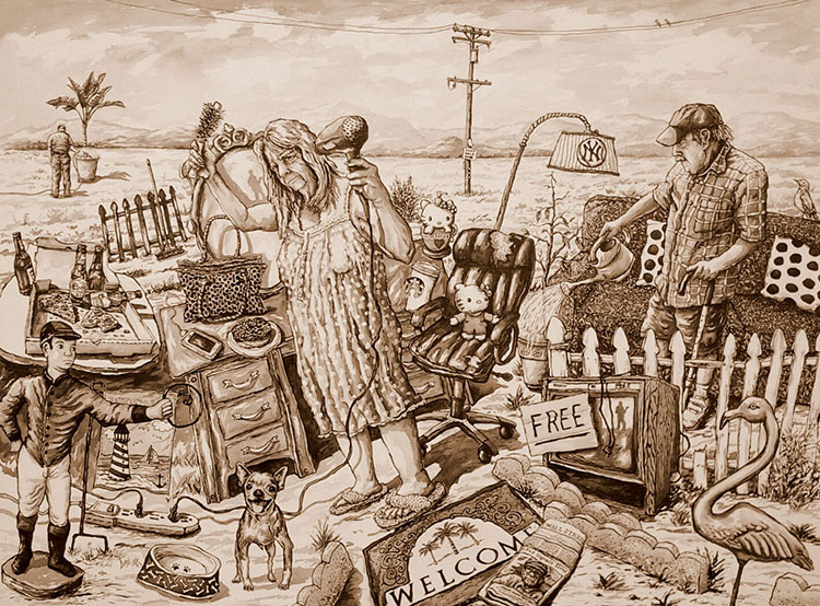 F.W. ink on wood panel illustration of a middle-aged couple (the lady with medium length hair wearing a night gown and slippers and the man in a plaid button up wearing a baseball cap) standing in a field of  "junks" such as old TV set, doormat, pink flamingo lawn statue, etc. that embodies the "ideal" life of living in a suburb