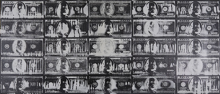 black silkscreen ink and aerosol paint on paper of a five-by-five row of black one hundred dollar bills bleeding black ink