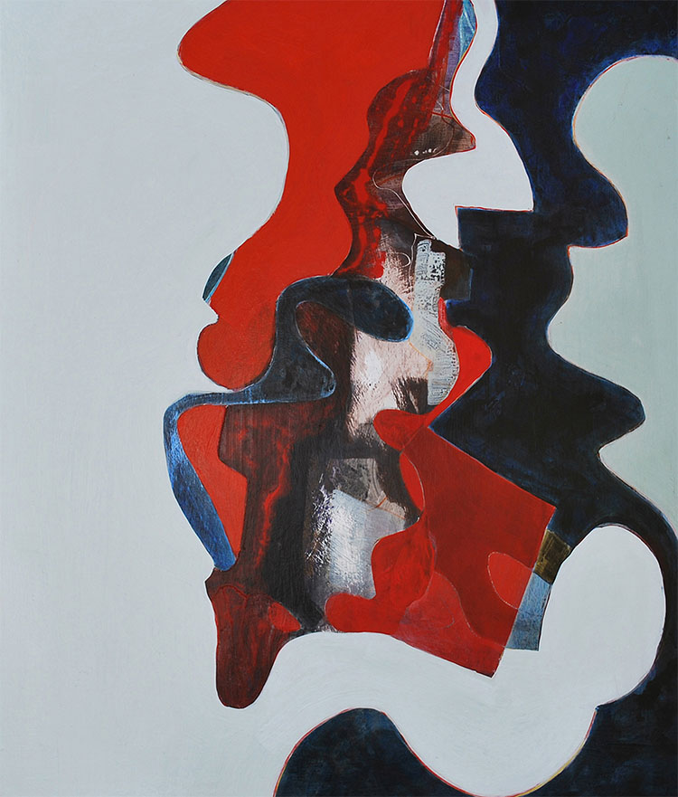 organic shapes of red and black acrylic swirls merging with each other in the center reflecting the form of liquid